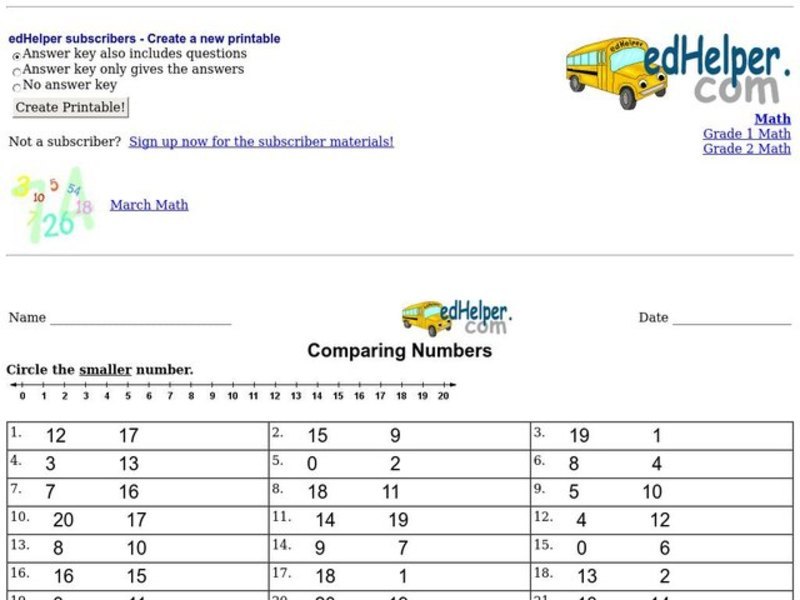 Comparing Numbers Worksheet