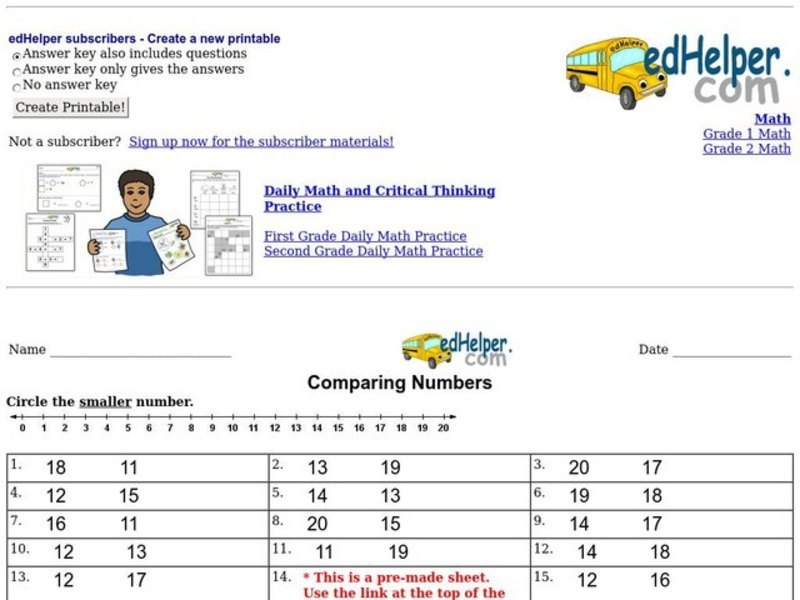 Comparing Numbers Worksheet