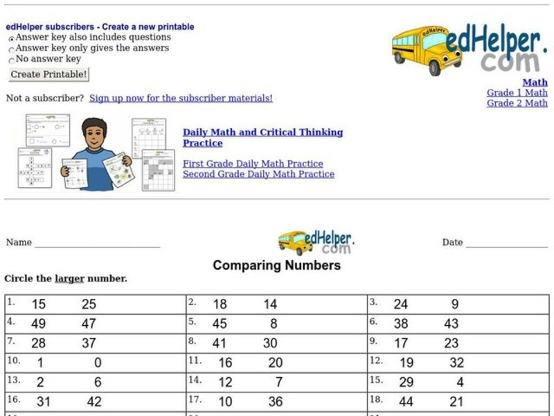 Comparing Numbers Worksheet