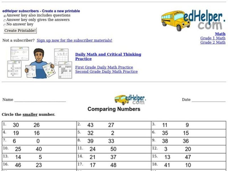Comparing Numbers Worksheet