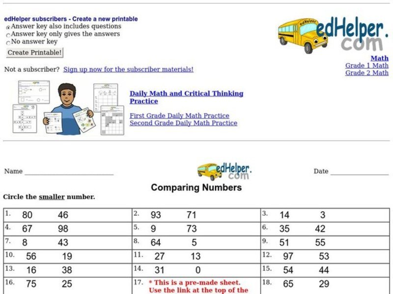 Comparing Numbers Worksheet