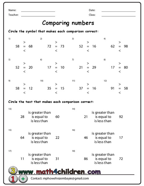 Comparing Numbers Worksheet