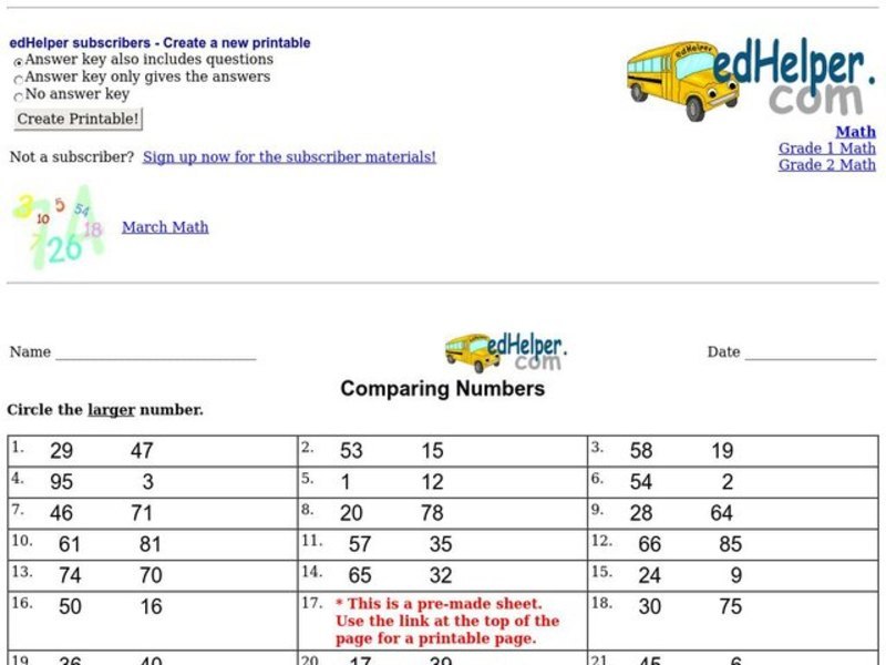 Comparing Numbers #3 Worksheet