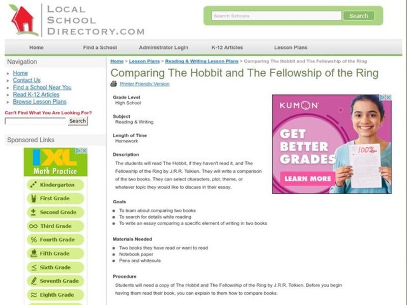 Comparing The Hobbit and The Fellowship of the Ring Lesson Plan