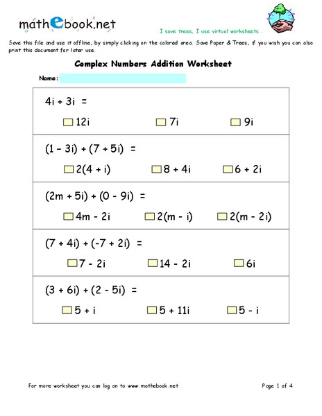 Complex Numbers Addition Worksheet Worksheet