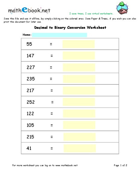 Decimal to Binary Conversion Worksheet