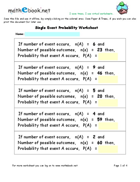 Single Event Probability Worksheet