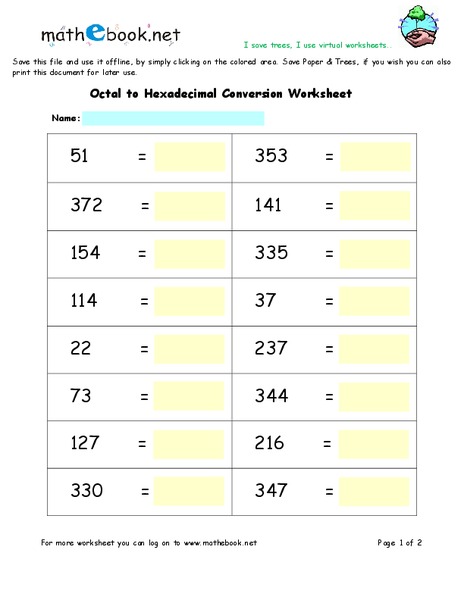 Octal to Hexadecimal Conversion Worksheet