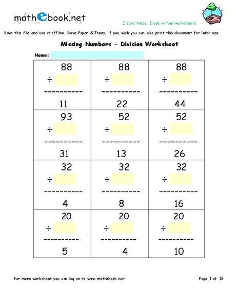 Missing Numbers - Division Worksheet Interactive
