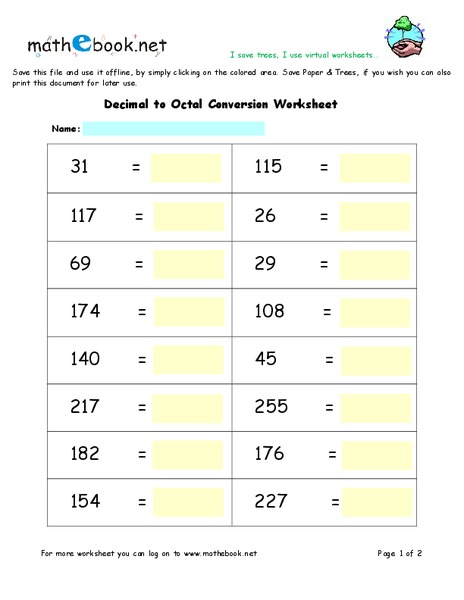 Decimal to Octal Conversion Worksheet