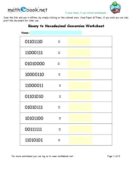 Binary to Hexadecimal Conversion Worksheet