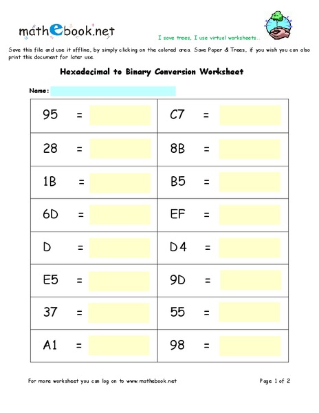 Hexadecimal to Binary Conversion Worksheet