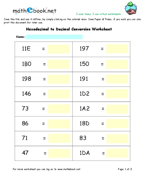 Hexadecimal to Decimal Conversion Worksheet