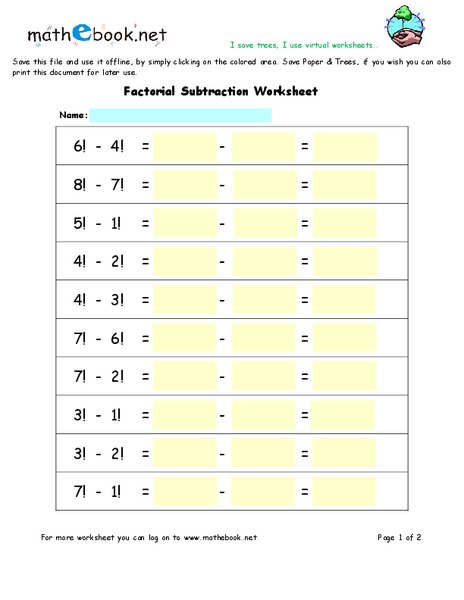 Factorial Subtraction Worksheet Worksheet