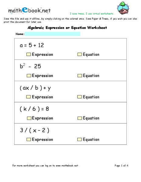 Algebraic Expression or Equation Worksheet