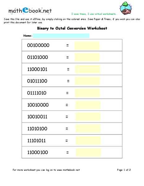 Binary to Octal Conversion Worksheet