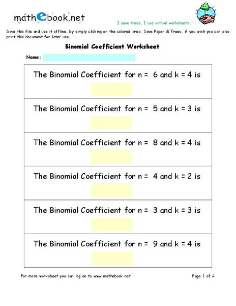 Binomial Coefficient Worksheet