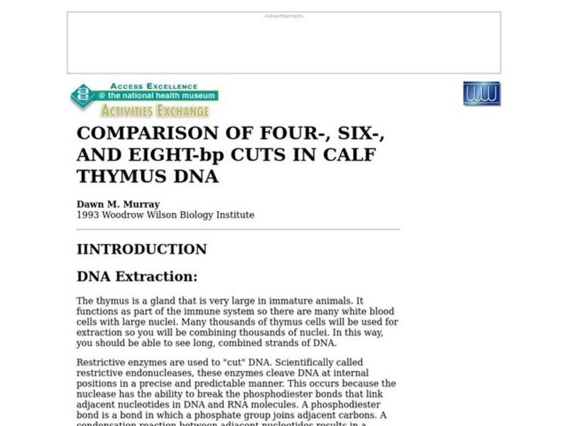 Comparison of Four-, Six-, And Eight-bp Cuts in Calf Thymus Dna Lesson Plan