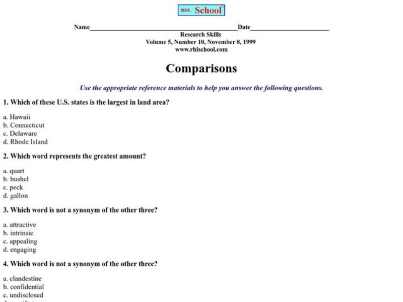 Comparisons Worksheet