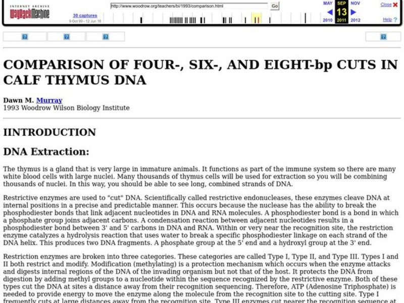 COMPARISON OF FOUR-, SIX-, AND EIGHT-bp CUTS IN CALF THYMUS DNA Lesson Plan