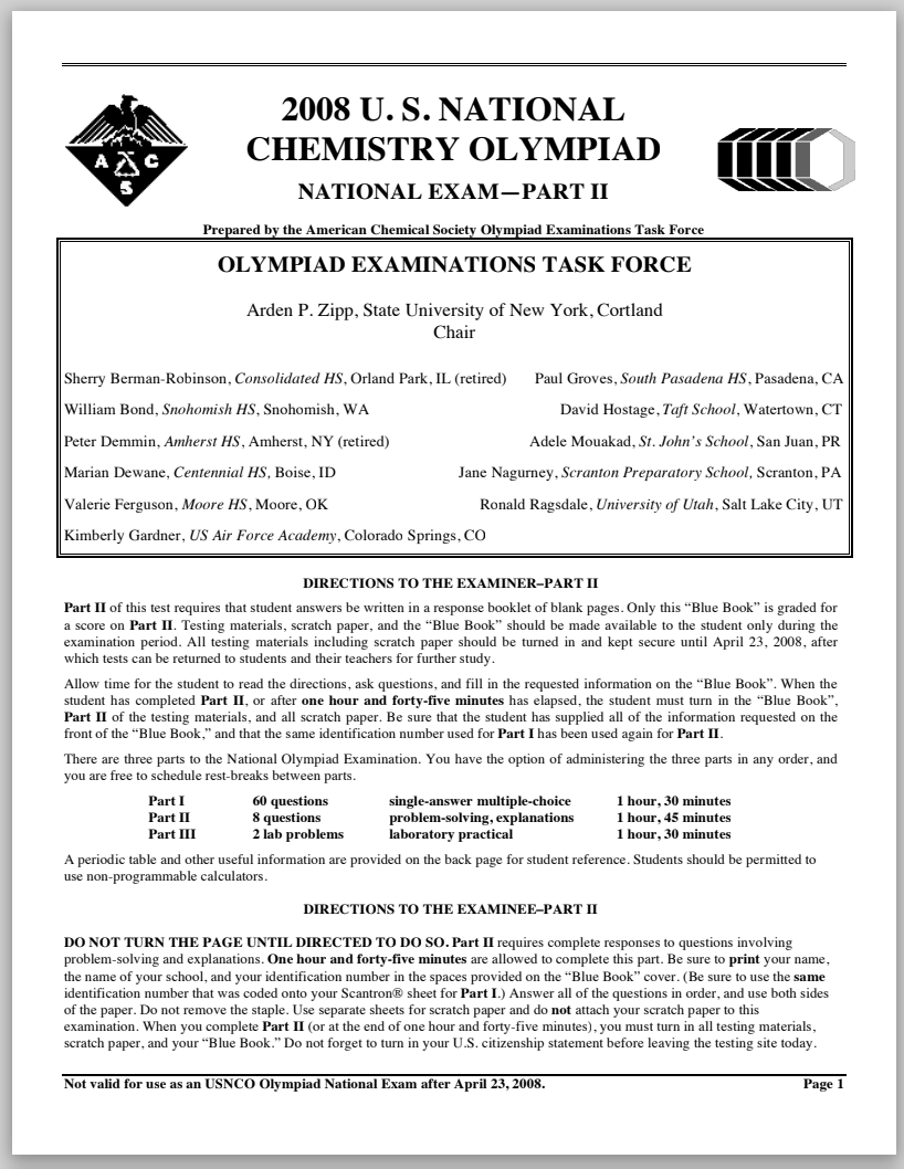 2008 U.S. National Chemistry Olympiad Part III Assessment