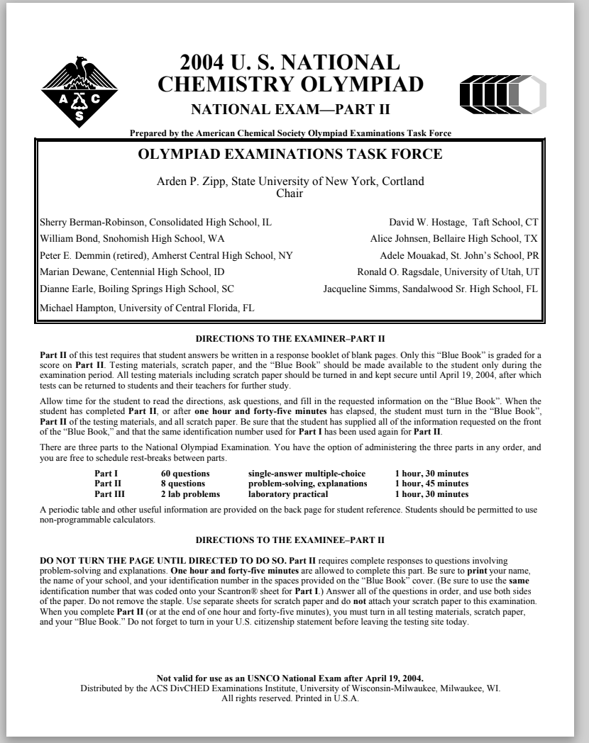 2004 U.S. National Chemistry Olympiad Exam Part II Assessment