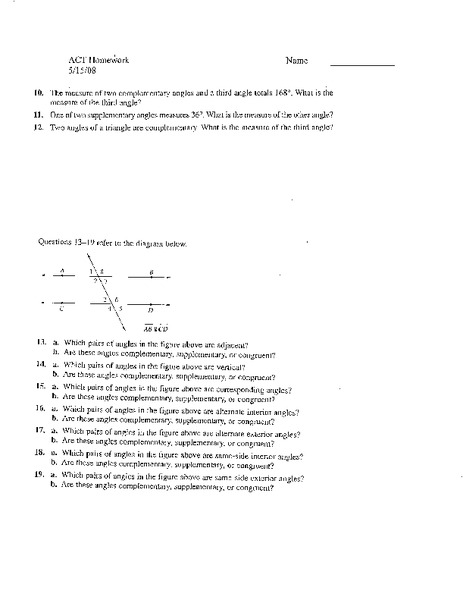 Complementary and Supplementary Angles Worksheet