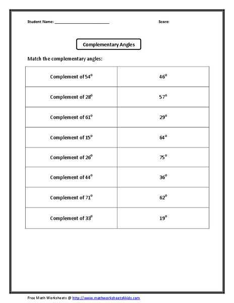 Complementary Angles Worksheet