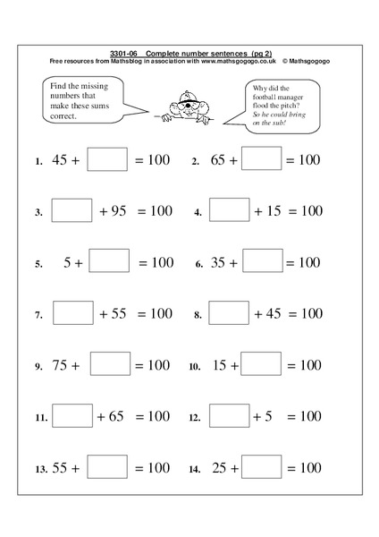 Complete Number Sentences Worksheet
