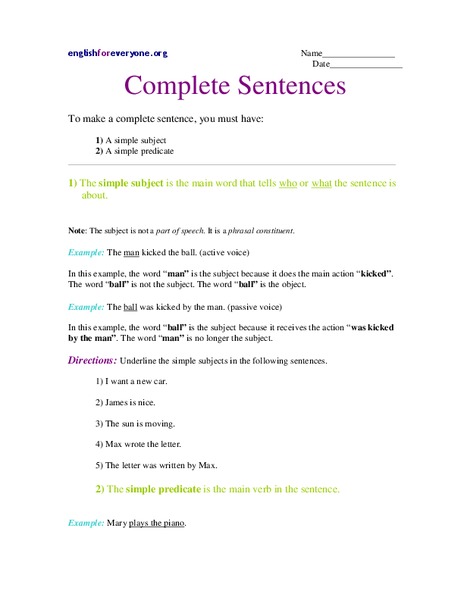 Complete Sentences Worksheet