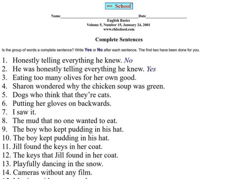 Complete Sentences Worksheet