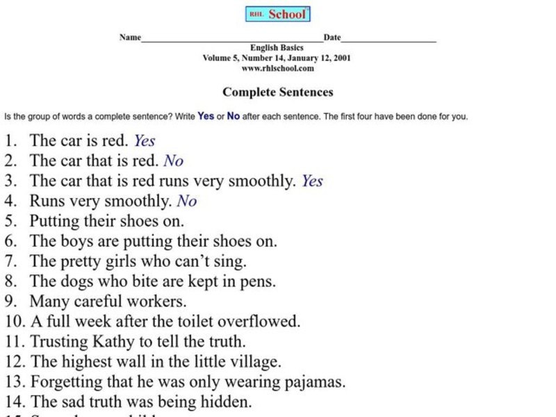 Complete Sentences Worksheet