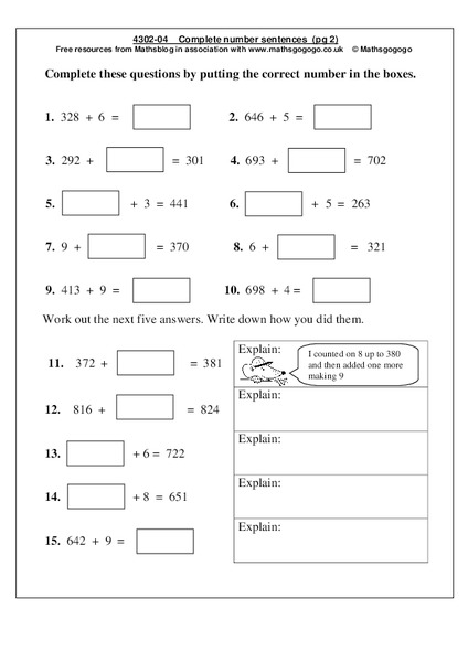Complete the Number Sentences Worksheet