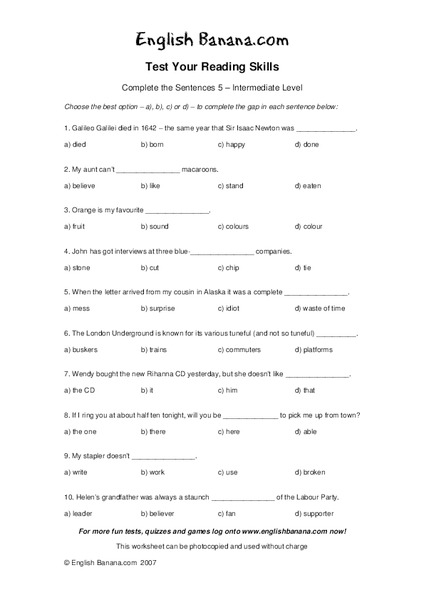 Complete the Sentences 5 Worksheet
