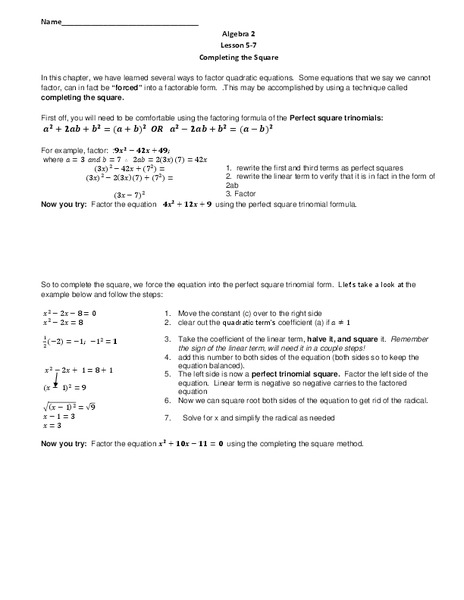 Complete the Square Worksheet
