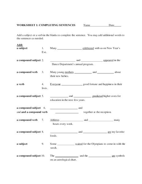 Completing Sentences Worksheet