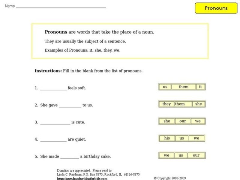 Completing Sentences with Pronouns Worksheet