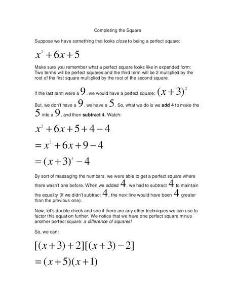 Completing the Square Worksheet