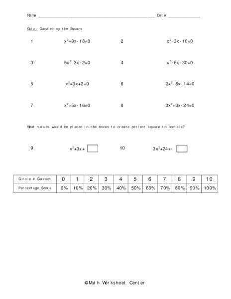 Completing the Square Worksheet