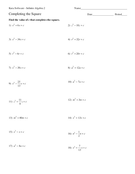 Completing the Square Worksheet