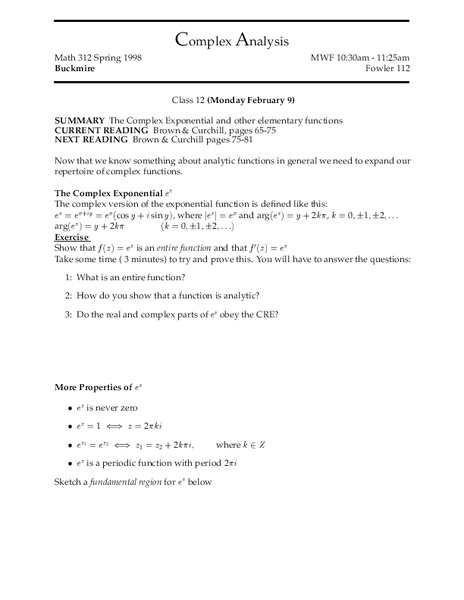 Complex Analysis:  Complex Exponential Worksheet