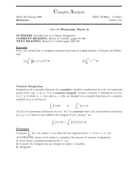 Complex Analysis:  Contour Integration Worksheet