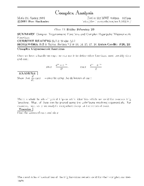Complex Analysis:  Functions Worksheet