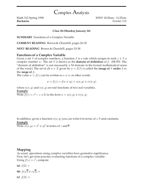 Complex Analysis:  Functions of Complex Variables Worksheet