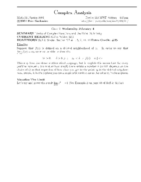 Complex Analysis:  Limits of Complex Functions Worksheet