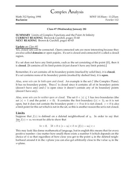 Complex Analysis:  Limits of Complex Functions Worksheet