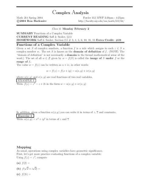 Complex Analysis:  Functions of Complex Variables Worksheet