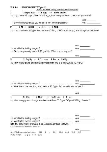 WS 4.4 Stoichiometry Part 2 Worksheet