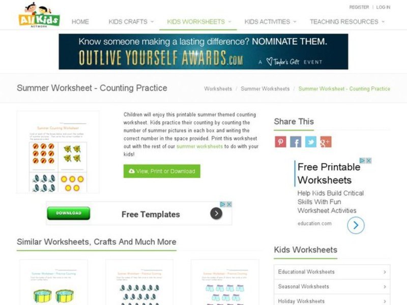 Summer Worksheet - Counting Practice Worksheet