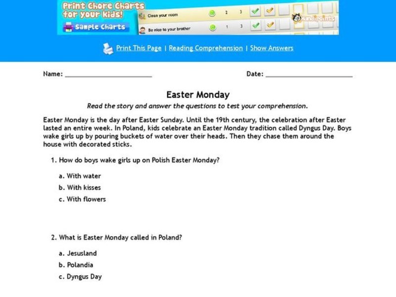Easter Monday Worksheet